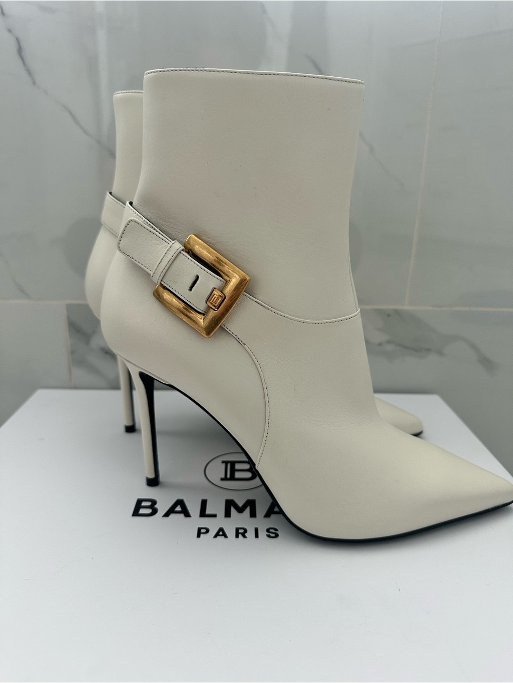 Balmain Cream Ankle Boot with Gold Buckle
